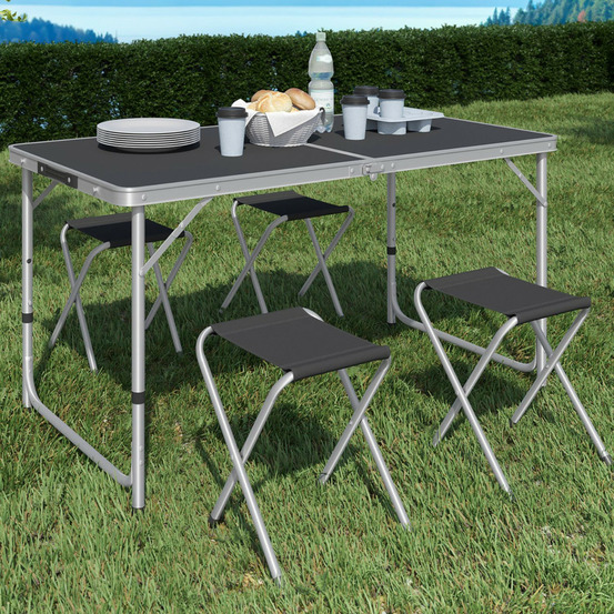 Table de camping pliante réglable en hauteur 120 cm et 4 tabourets noirs