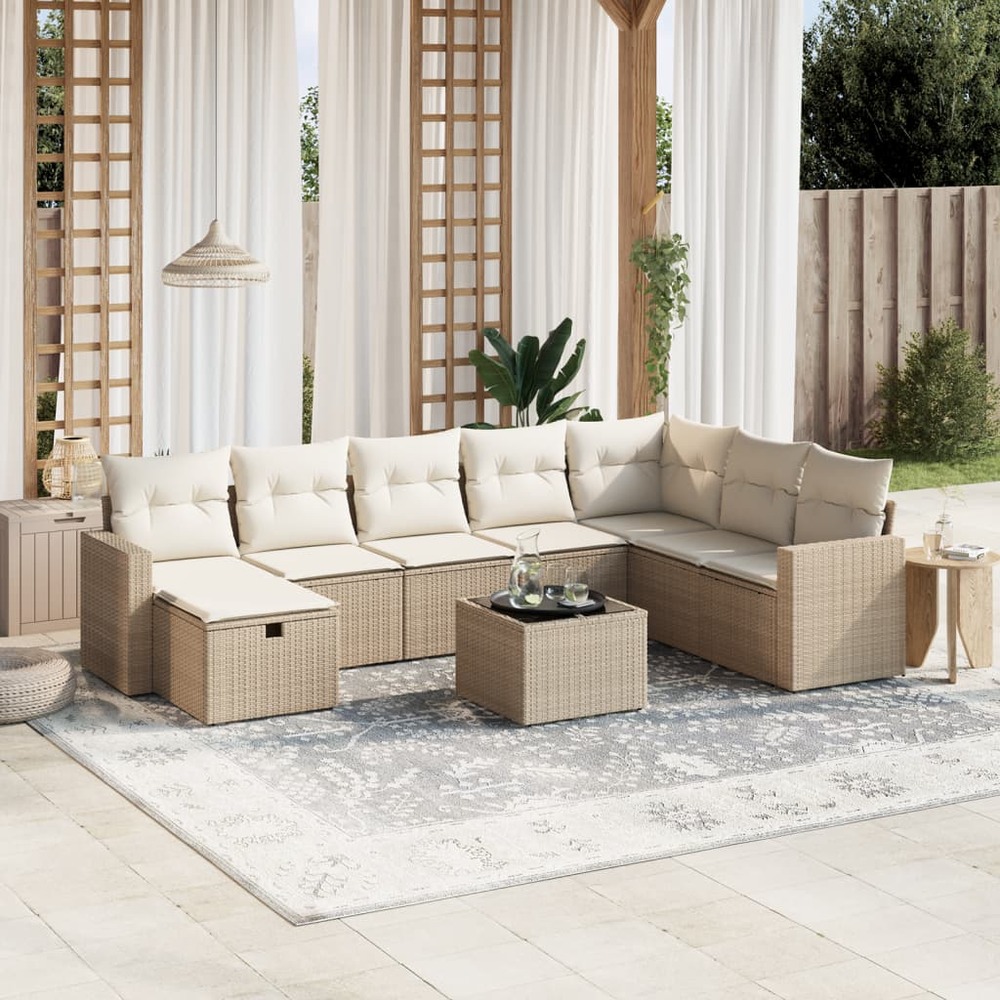 Salon de jardin avec coussins 9 pcs beige résine tressée