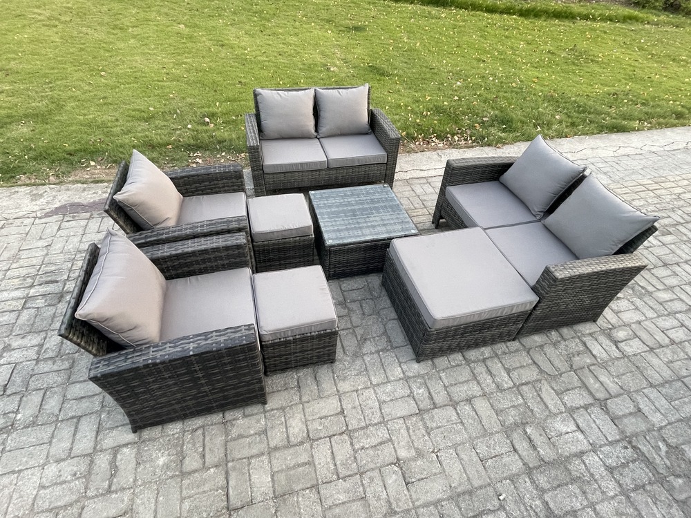 Meubles de jardin en rotin 8 pièces ave 3 tabouret gris foncé