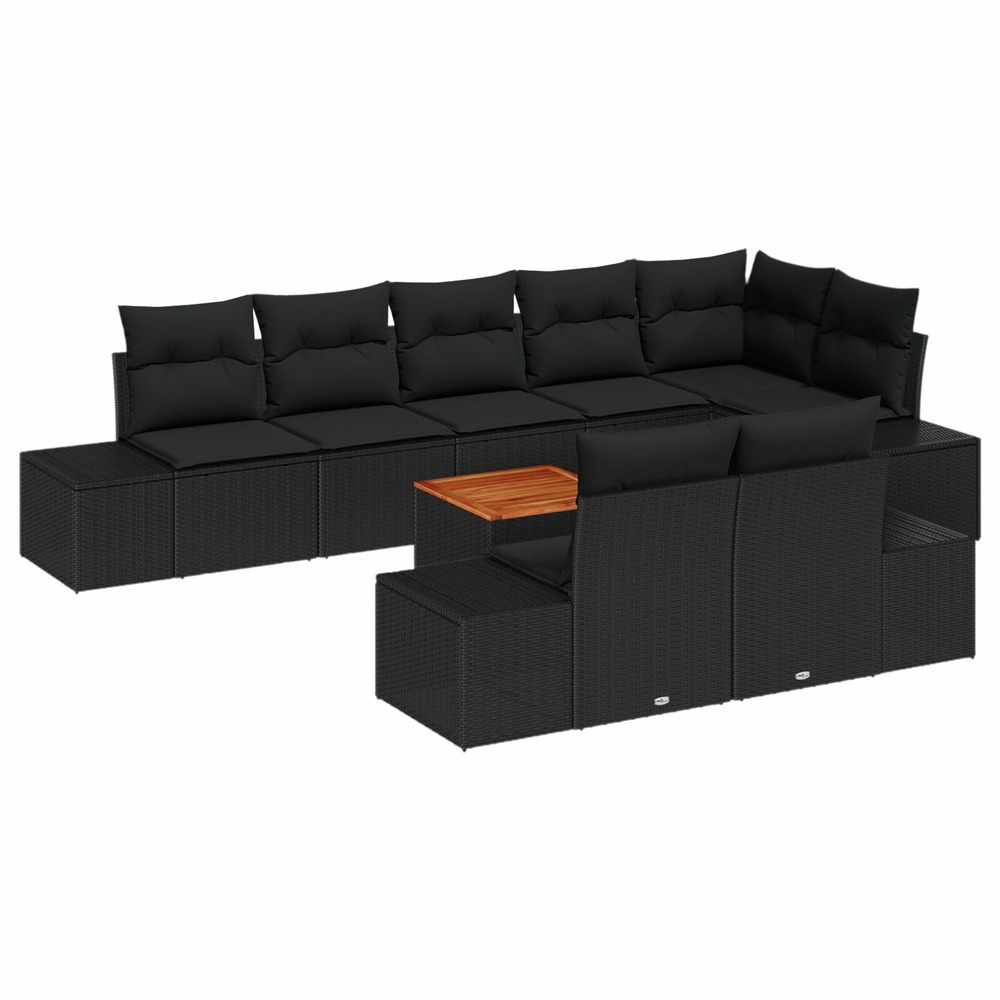 Ensemble de canapé de jardin 9 pièces avec coussins noir poly rattan acacia
