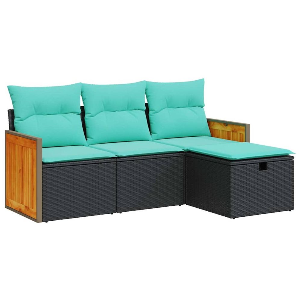 Salon de jardin 4 pcs avec coussins noir résine tressée