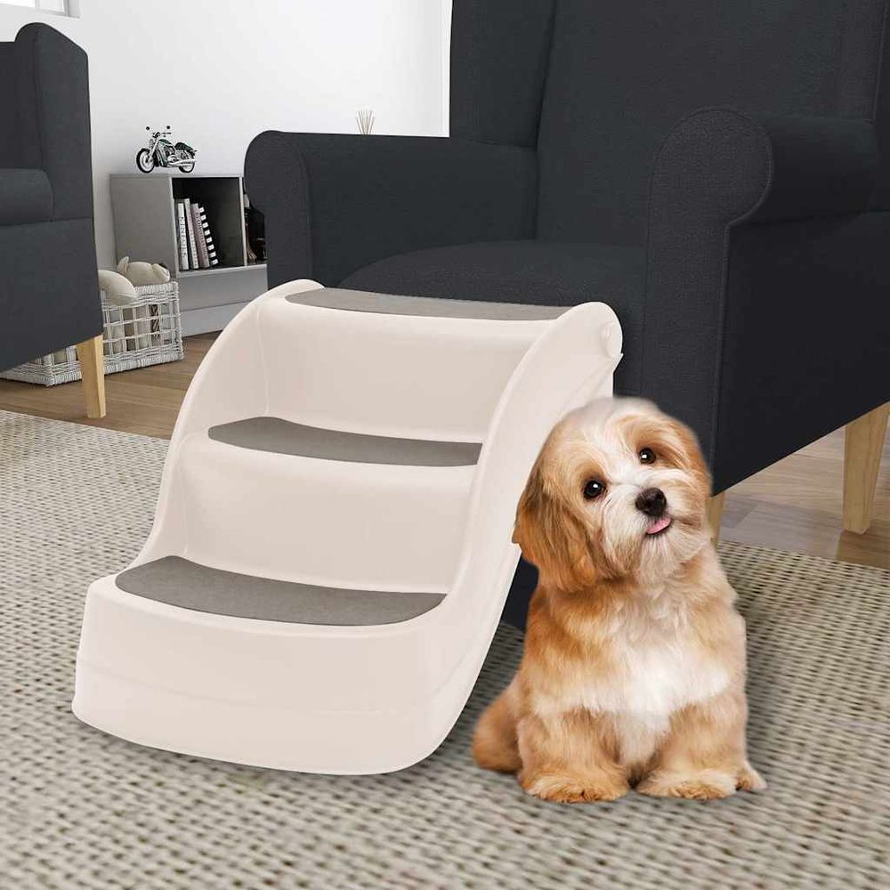 Escalier chien 3 marches pliable en plastique accès canapé et lit antidérapant crème