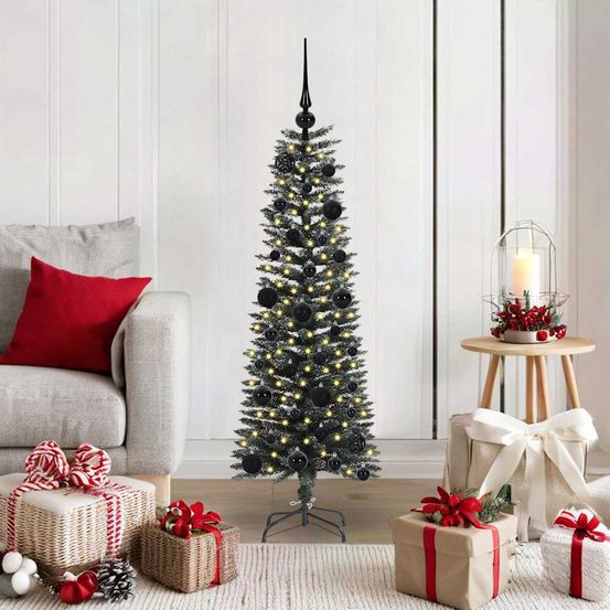 Sapin de noël vert 120cm design conique, illuminé par 150 led avec boules