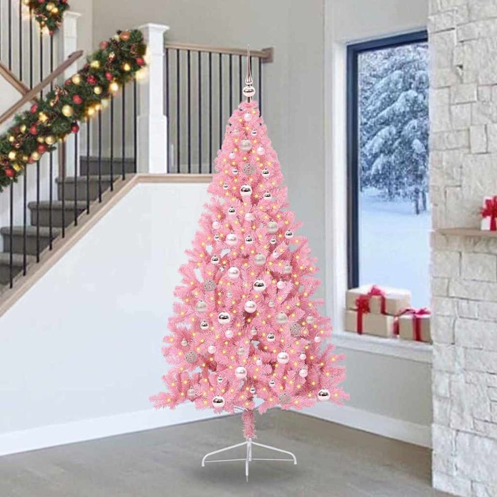 Sapin de noël féerique rose 240 cm, artificiel et lumineux avec décorations complètes