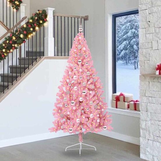 Sapin de noël féerique rose 240 cm, artificiel et lumineux avec décorations complètes