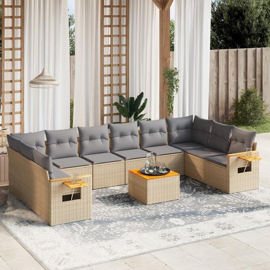 Salon de jardin 11 pcs avec coussins beige résine tressée