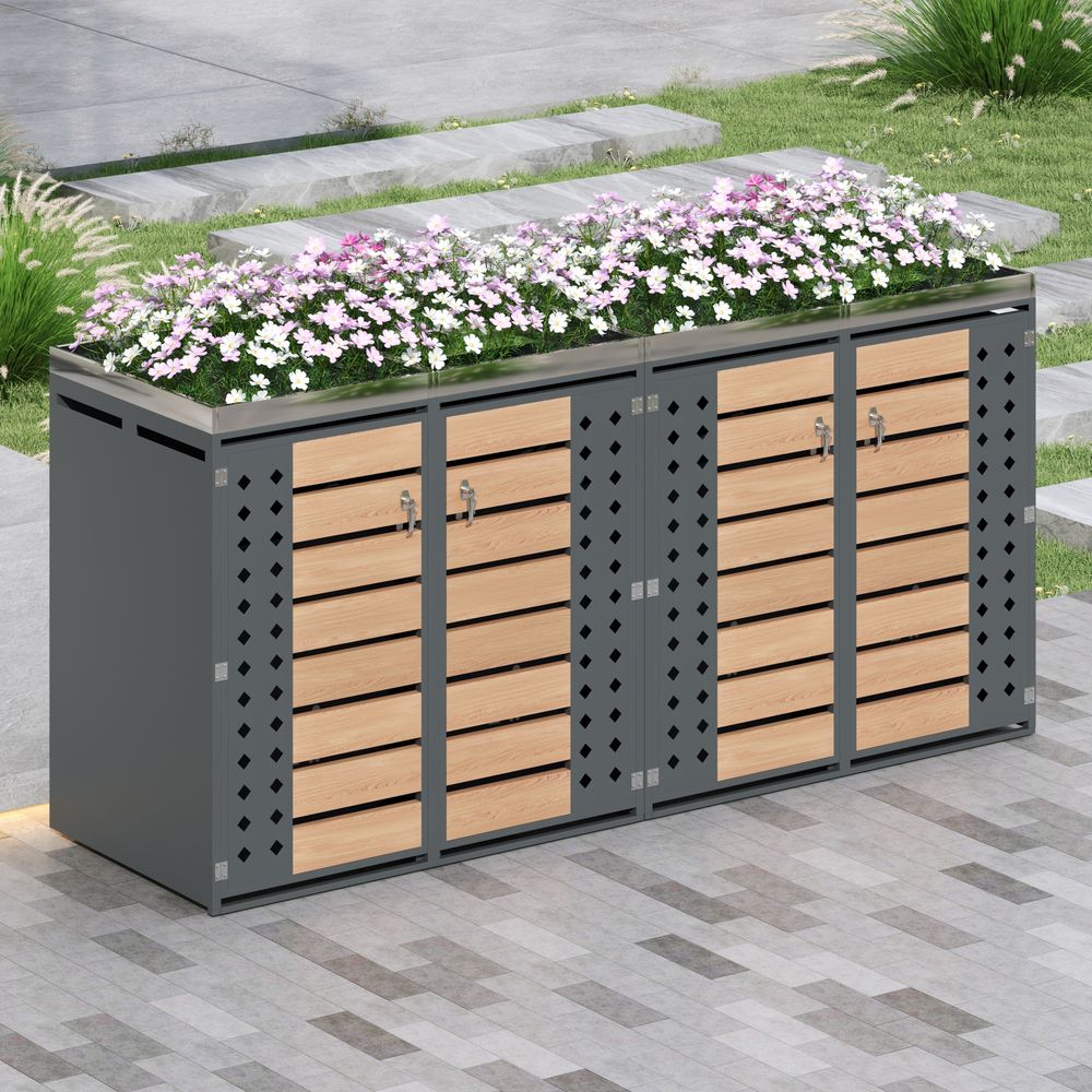 Cache-poubelle 4 portes acier galvanisé jardin rangement avec jardinière gris bois - comfortxl outdoor living