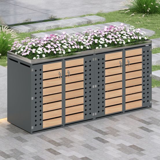 Cache-poubelle 4 portes acier galvanisé jardin rangement avec jardinière gris bois - comfortxl outdoor living