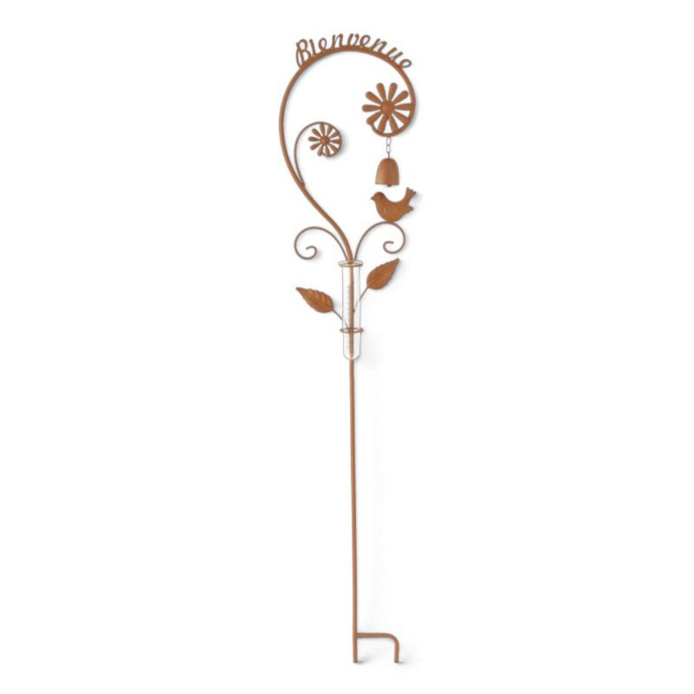 Pluviomètre de jardin bienvenue en métal patiné 27x124cm