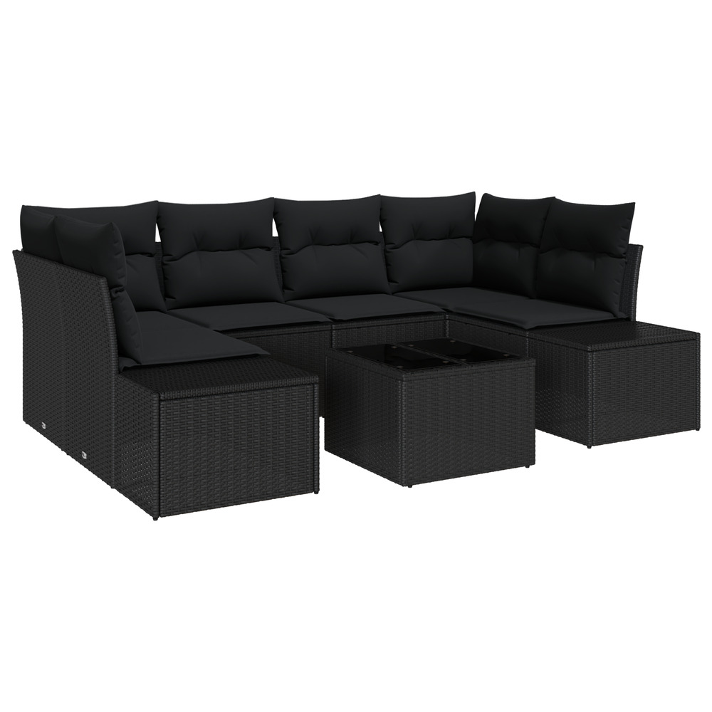 Ensemble de salon de jardin 7 pièces avec coussins noir poly rattan