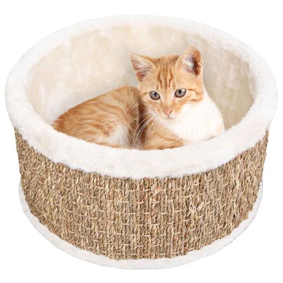 Panier pour chat rond en herbiers marins avec coussin douillet intégré beige