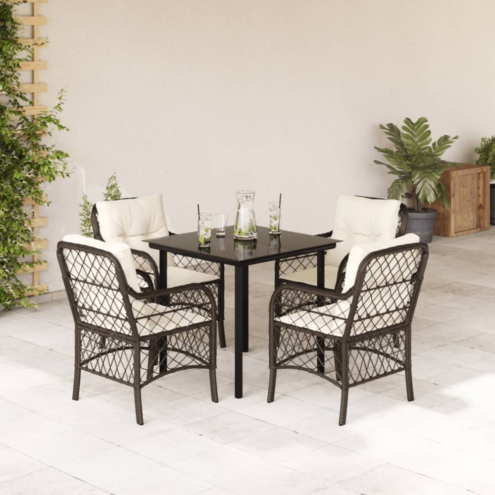 Ensemble à manger de jardin 5 pcs et coussins marron poly rotin