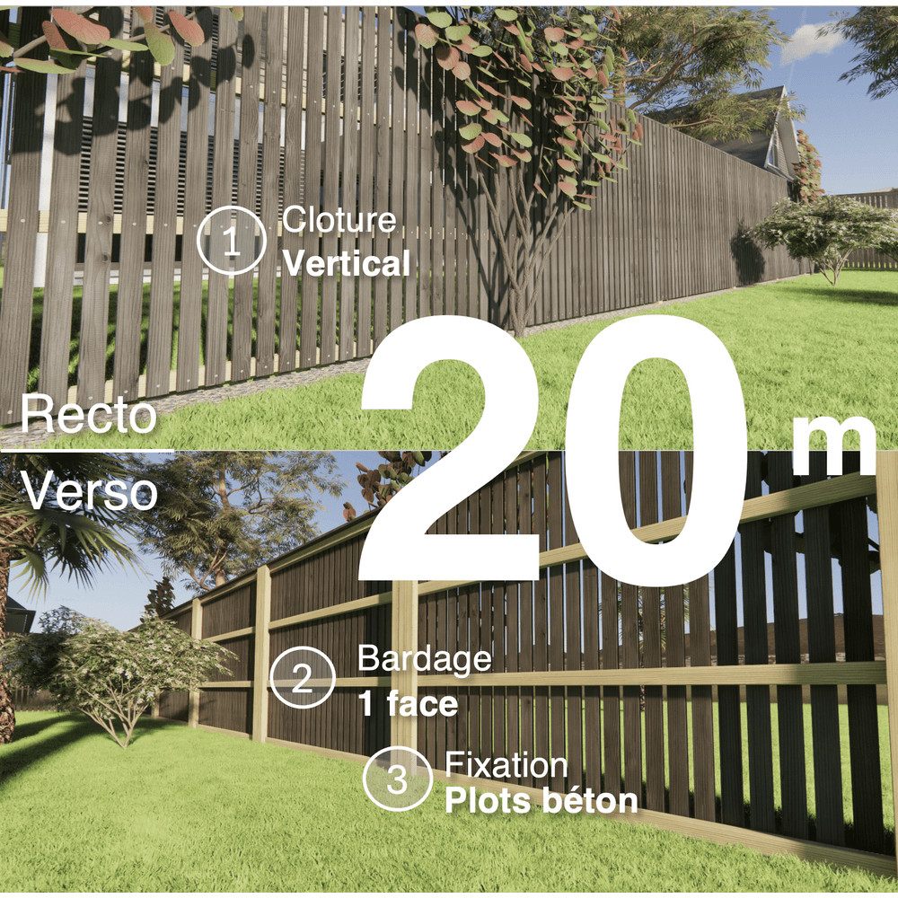 Kit clôture bois moderne 20m – h 1,9m – 20 x 70 mm noir par trempage – pose vertical – simple face – à sceller