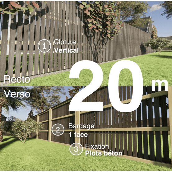 Kit clôture bois moderne 20m – h 1,9m – 20 x 70 mm noir par trempage – pose vertical – simple face – à sceller