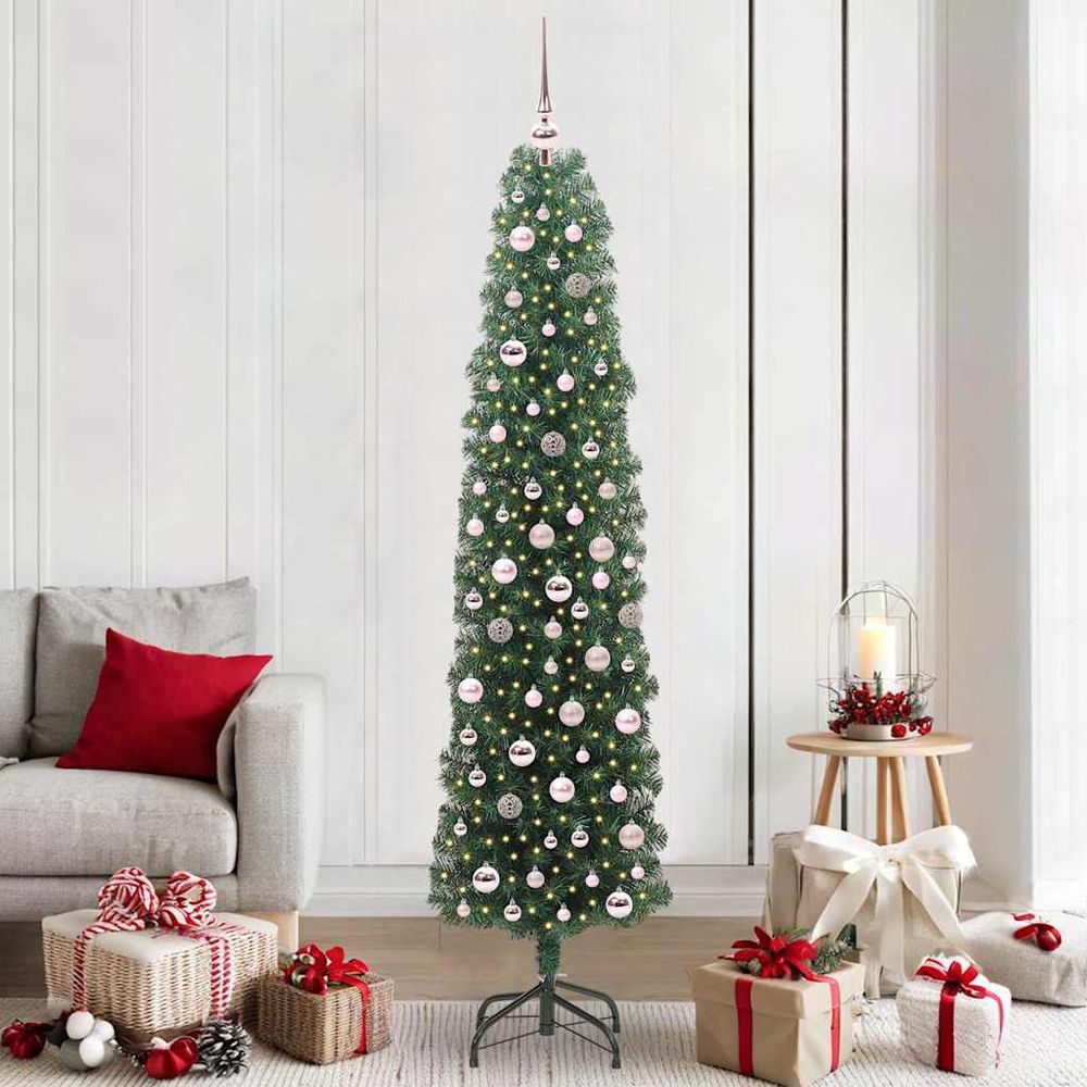 Sapin de noël vert conique 210cm prêt à décorer, avec 300 led et boules