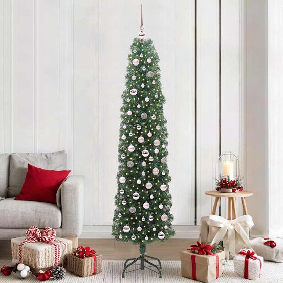Sapin de noël vert conique 210cm prêt à décorer, avec 300 led et boules