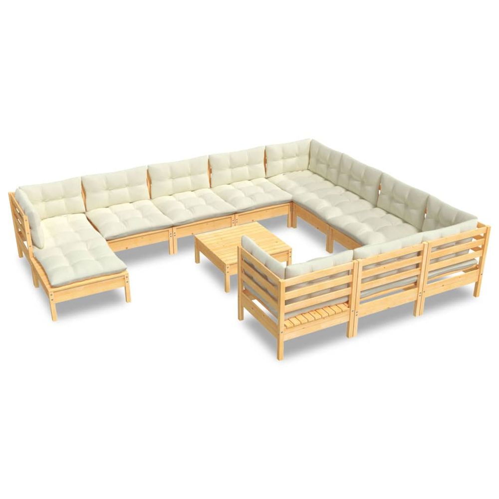 Salon de jardin 12 pcs avec coussins crème bois de pin