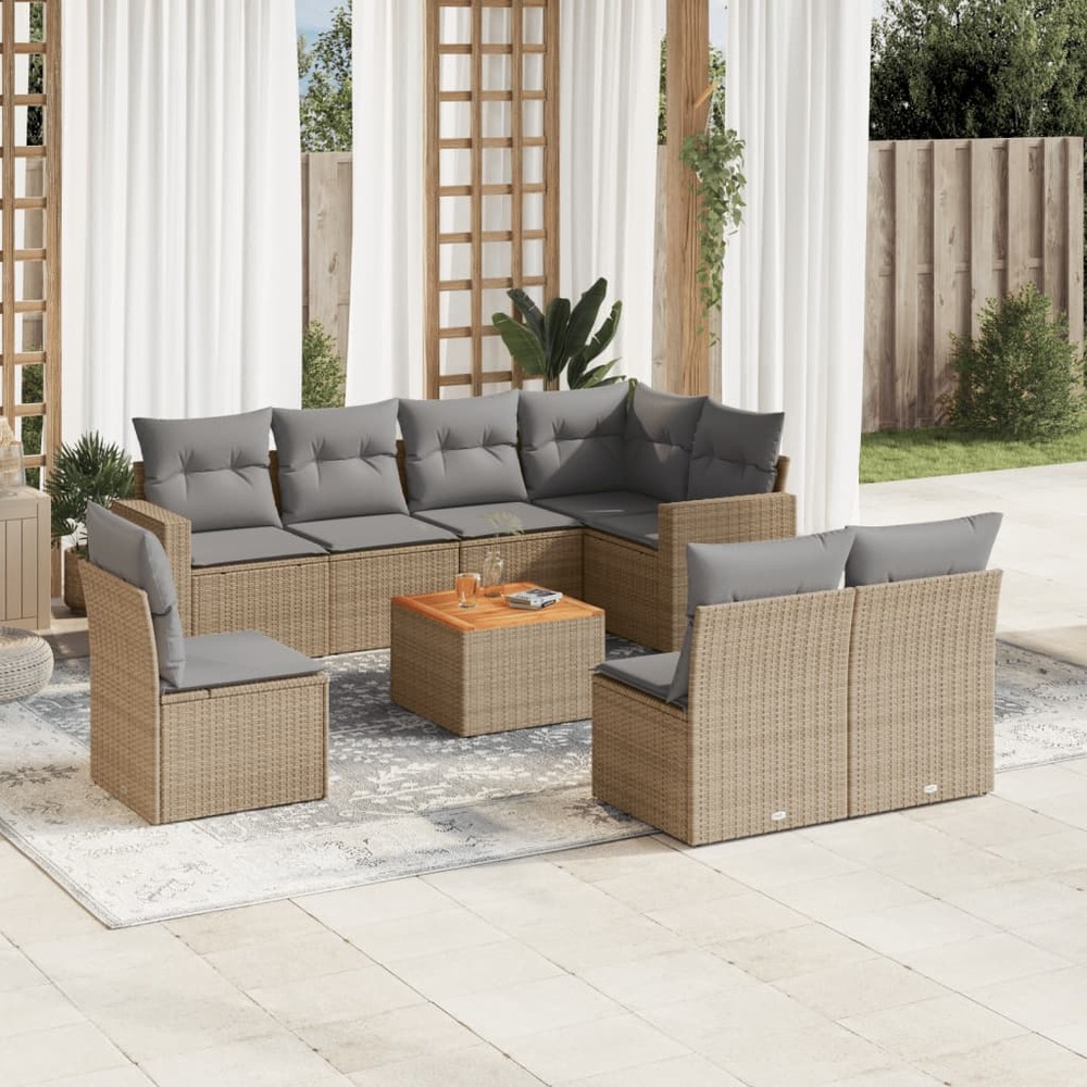 Salon de jardin avec coussins 9 pcs beige résine tressée