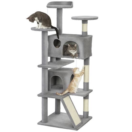 Arbre à chat 138 cm multi-niveaux bois et peluche avec niches et griffoirs pour 1 à 3 chats gris clair