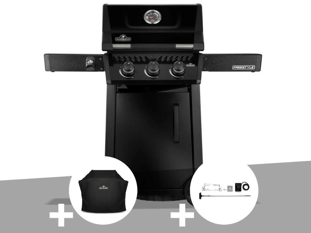 Barbecue gaz freestyle 365 noir 3 brûleurs + housse de protection + rôtissoire