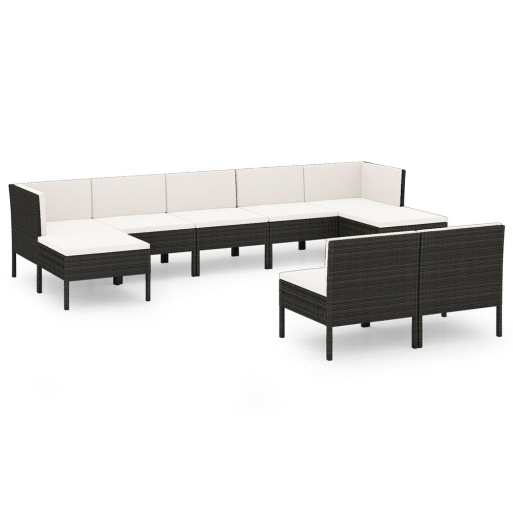 Salon de jardin 9 pcs avec coussins résine tressée noir