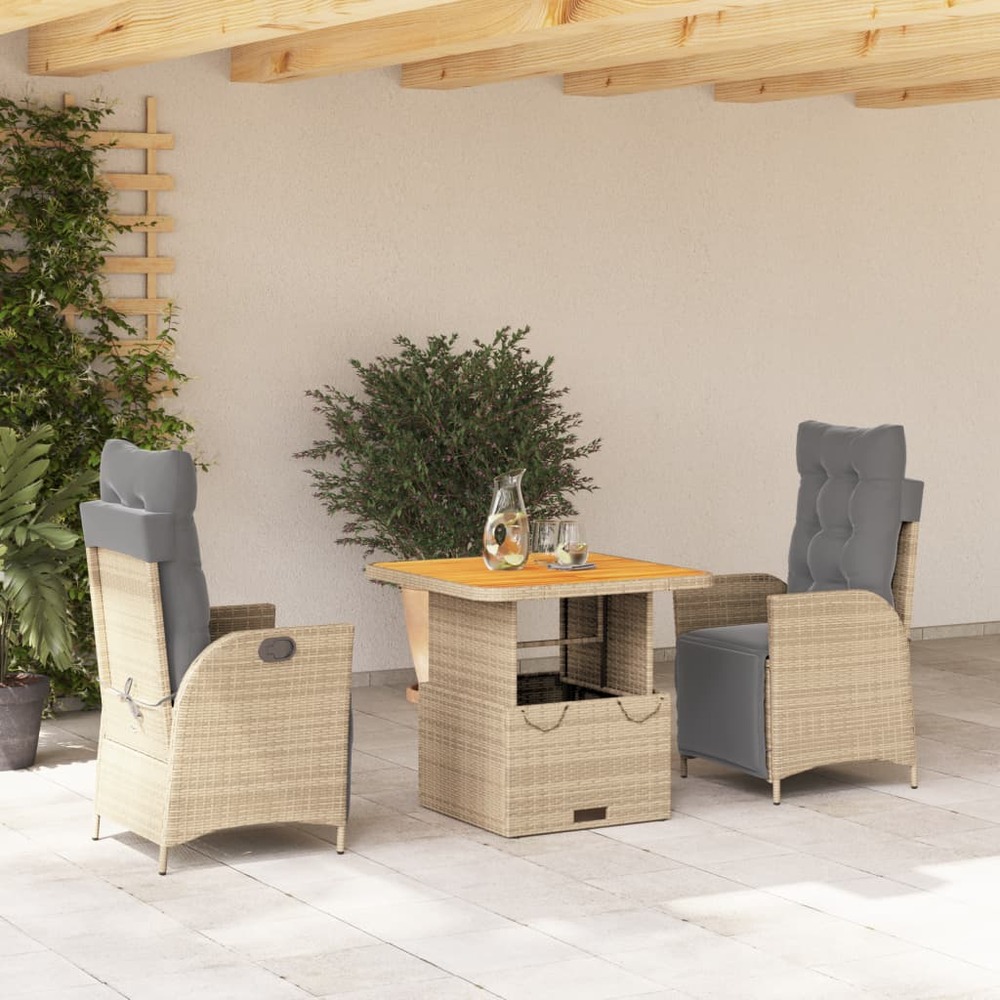 Ensemble à manger de jardin et coussins 3 pcs beige poly rotin