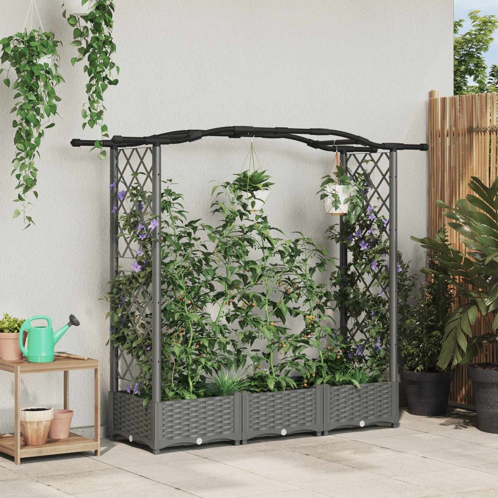 Jardinière surélevée polypropylène toit courbé treillis végétaux grimpants gris clair
