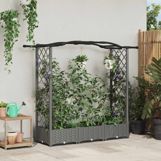 Jardinière surélevée polypropylène toit courbé treillis végétaux grimpants gris clair