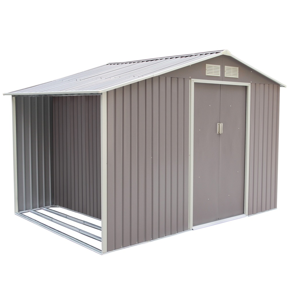 Abri de jardin avec abri bûches 8,72 m² en acier gris ventoux