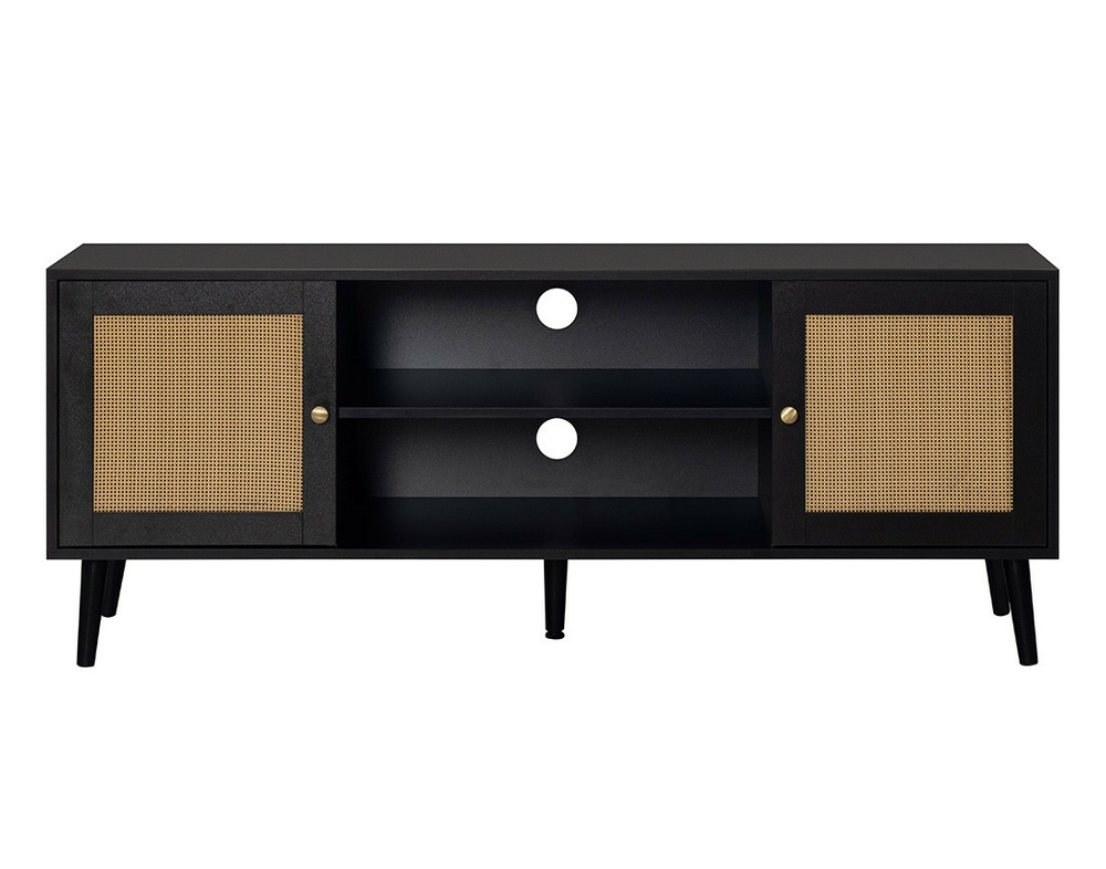 Goto - meuble tv - noir et cannage - 2 portes et 2 niches - 140 cm