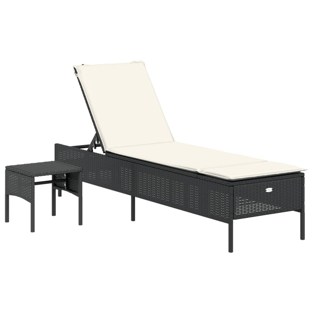 Chaise longue avec table et coussin noir résine tressée bain de soleil