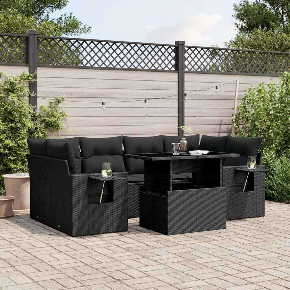 Salon de jardin 7 pcs avec coussins noir résine tressée