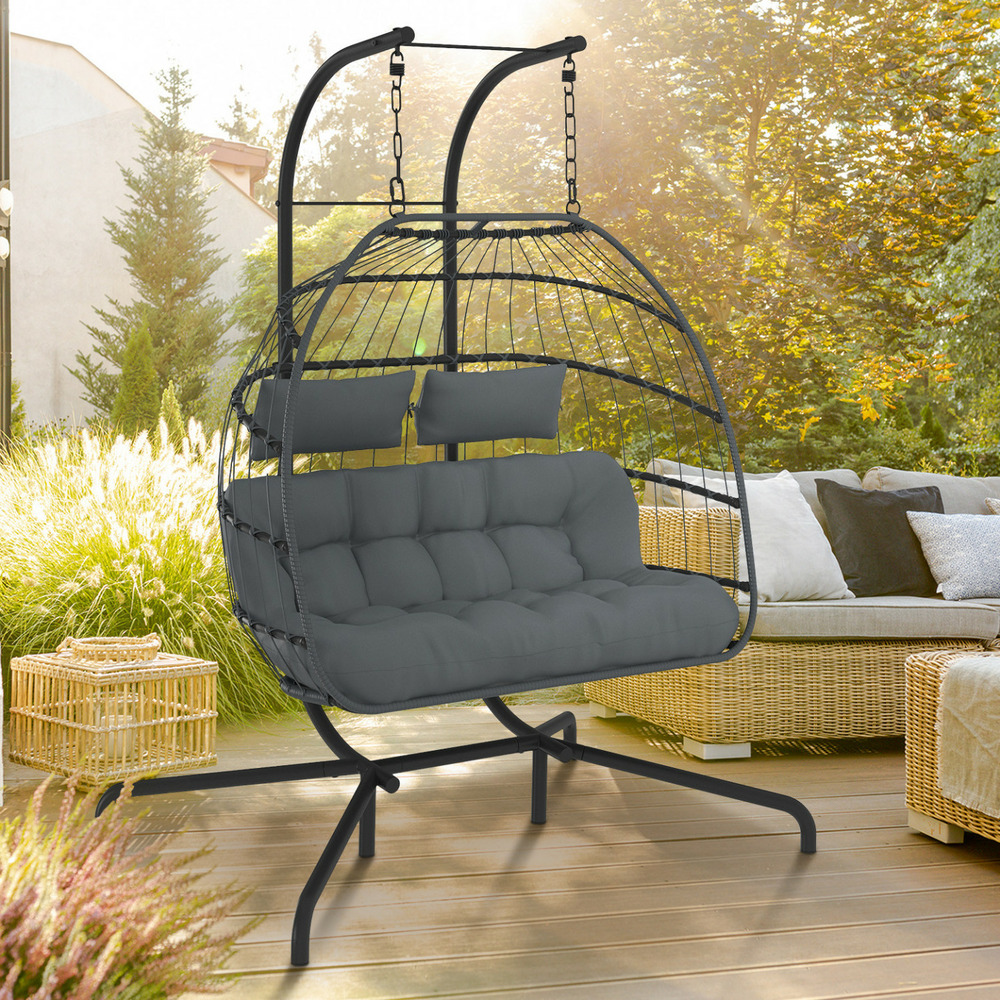 Fauteuil oeuf suspendu ajouré 2 places effet rotin gris avec coussin gris