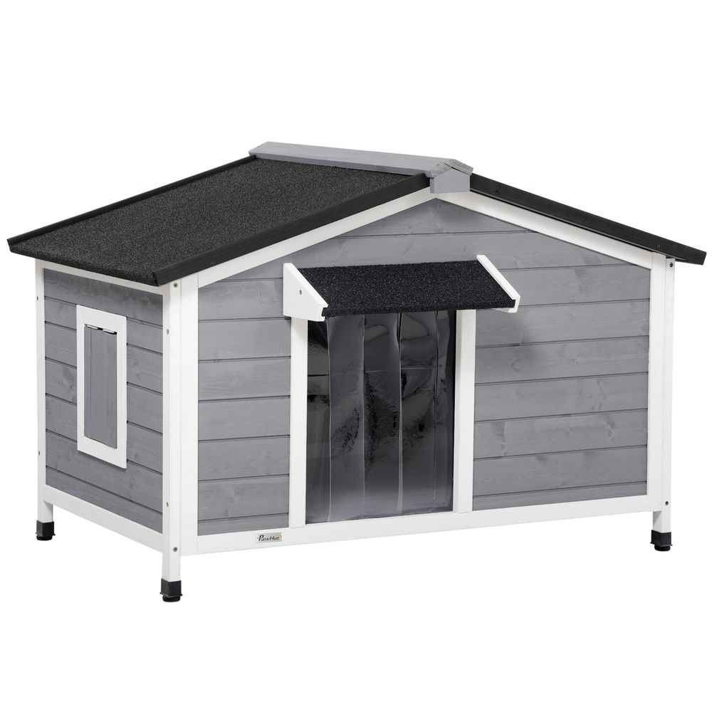 Niche chien extérieur bois sapin cottage fenêtres toit ouvrant 109x79x72cm gris
