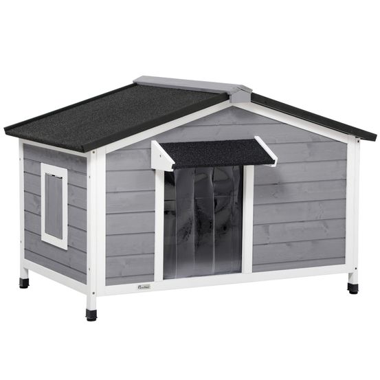 Niche chien extérieur bois sapin cottage fenêtres toit ouvrant 109x79x72cm gris