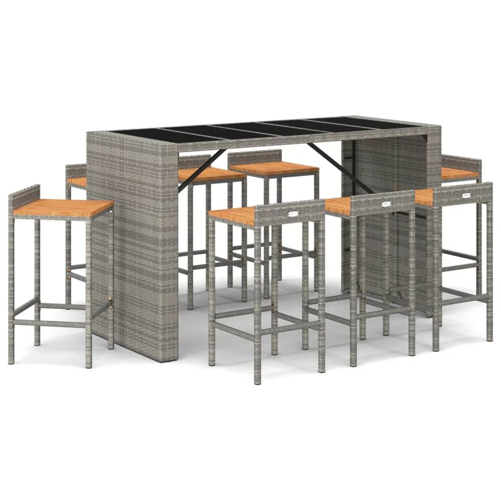 Ensemble de bar jardin 9 pcs gris poly rotin/bois massif acacia