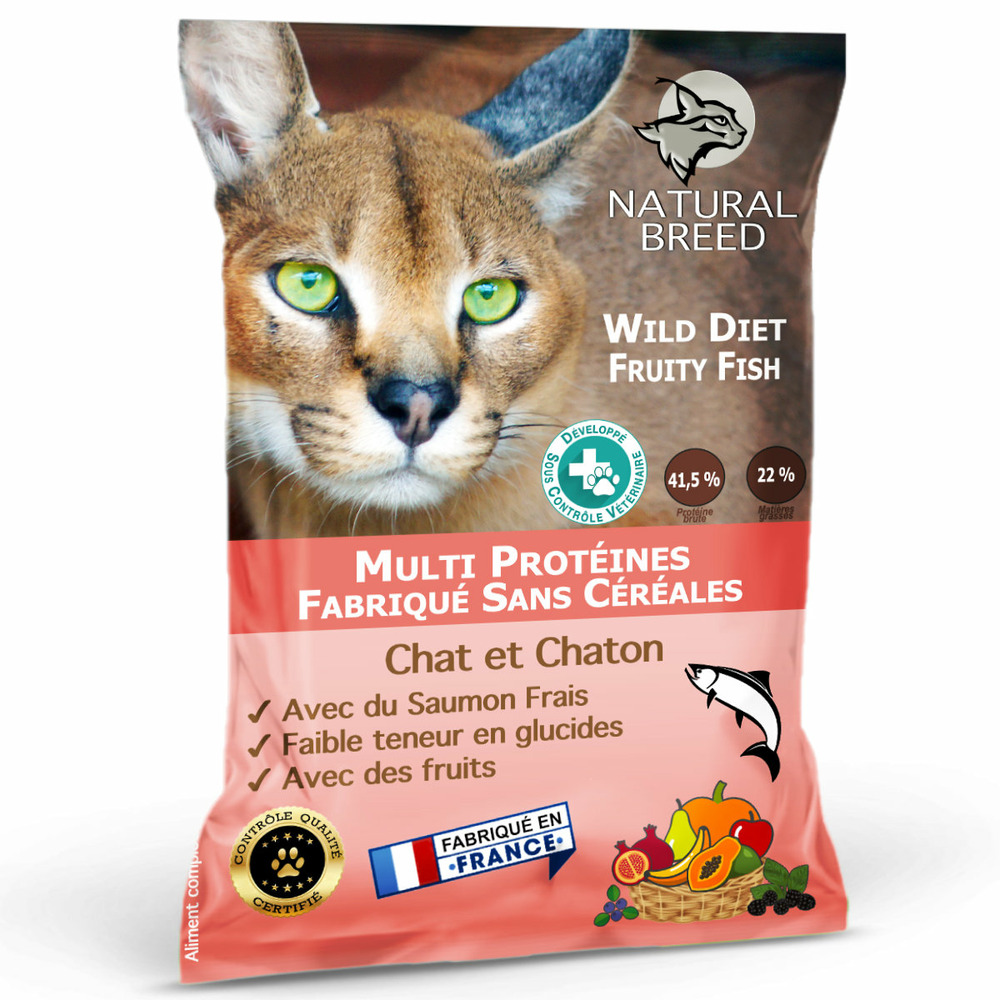 Croquettes chat et chaton sans céréales au saumon frais (et poissons) – faible en glucides – wild diet fruity - 2 kg