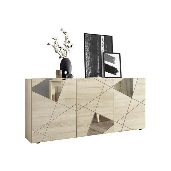 Buffet victory - décor chene sonoma - 3 portes - miroir - l 181 x p 42 x h 84 cm