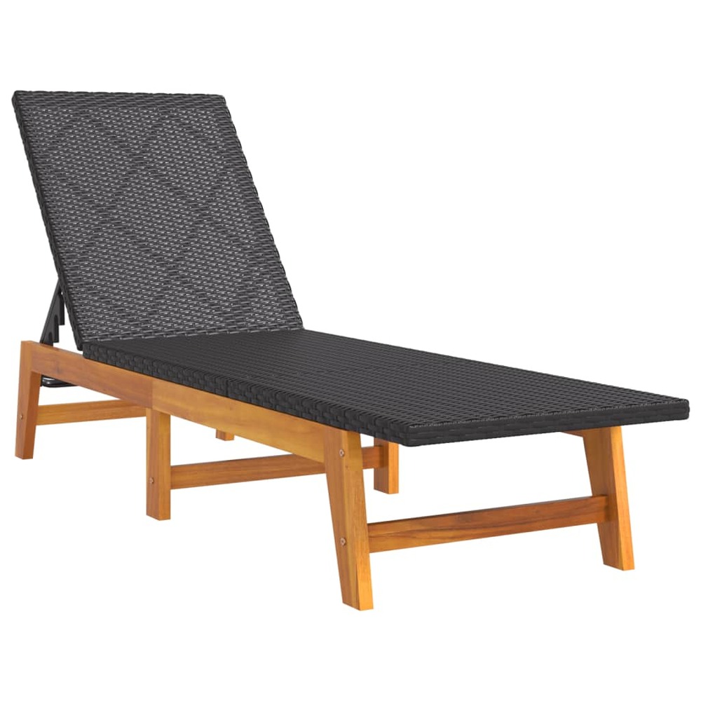 Transat chaise longue bain de soleil lit de jardin terrasse meuble d'extérieur noir/marron résine tressée/bois massif d'acaci