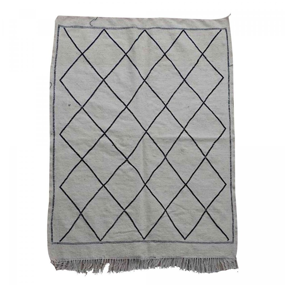 Authentique tapis berbère 115x150 fait main en coton crème et noir nkoul