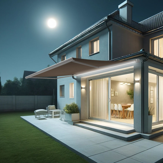 Store banne coffre intégral hevoa 5,00x3,50 m (motorisé secours à télécommande + led - blanc satiné ral9010 - taupe)