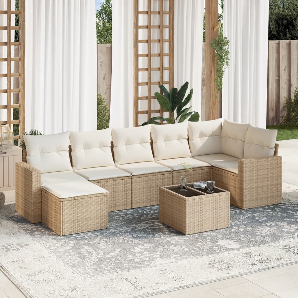 Salon de jardin avec coussins 8 pcs beige résine tressée