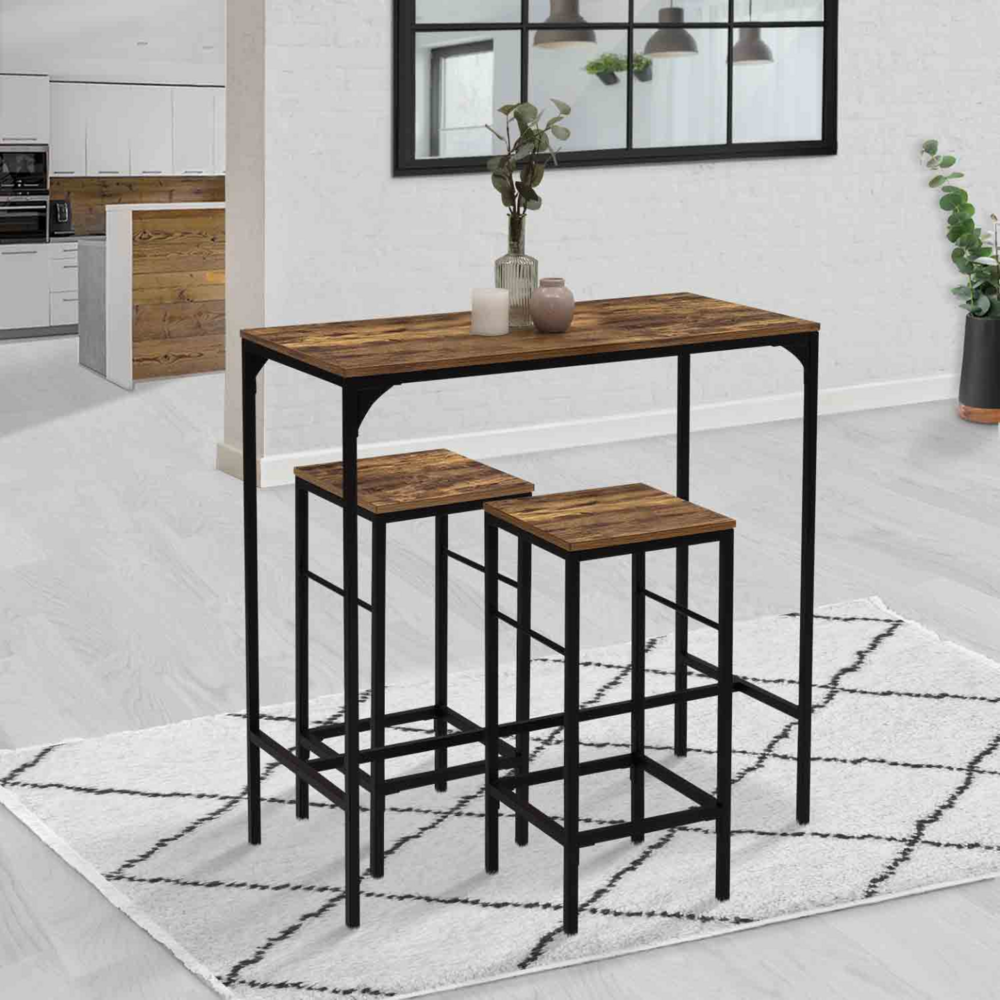 Ensemble table haute de bar dayton 95 cm et 2 tabourets effet vieilli design industriel