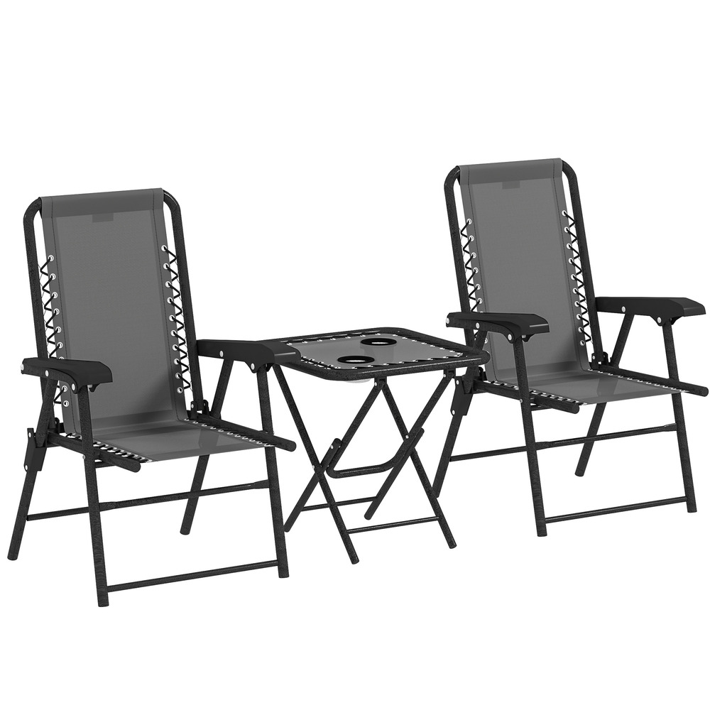 Ensemble bistro 3 pièces acier : résistant, table pliante + porte-gobelet + chaises, gris foncé