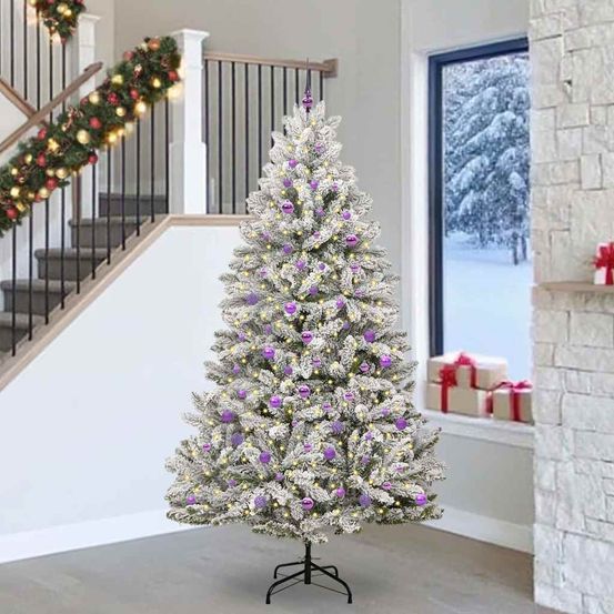 Sapin de noël lumineux 240 cm haut, effet neige avec 120 boules et cimier
