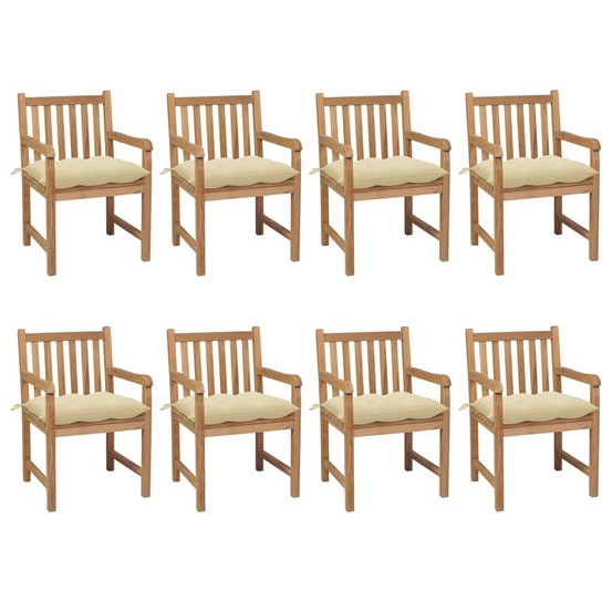 Chaises de jardin lot de 8 et coussins blanc crème teck solide