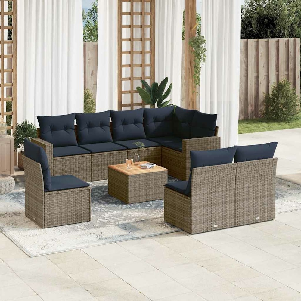 Salon de jardin 9 pcs avec coussins gris résine tressée