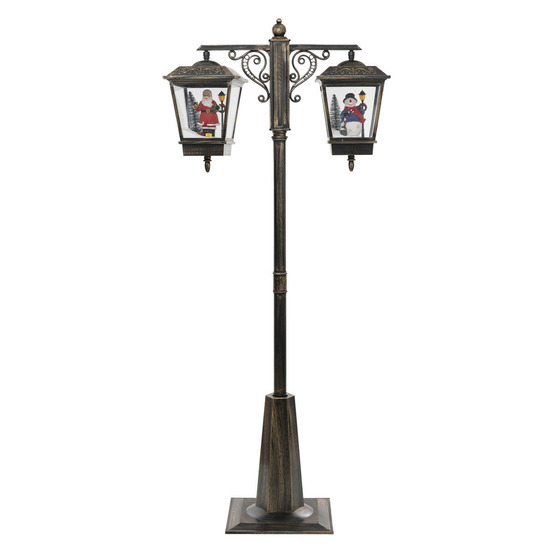 Lampadaire doré 2 lanternes lumineuses avec père-noël et bonhomme de neige