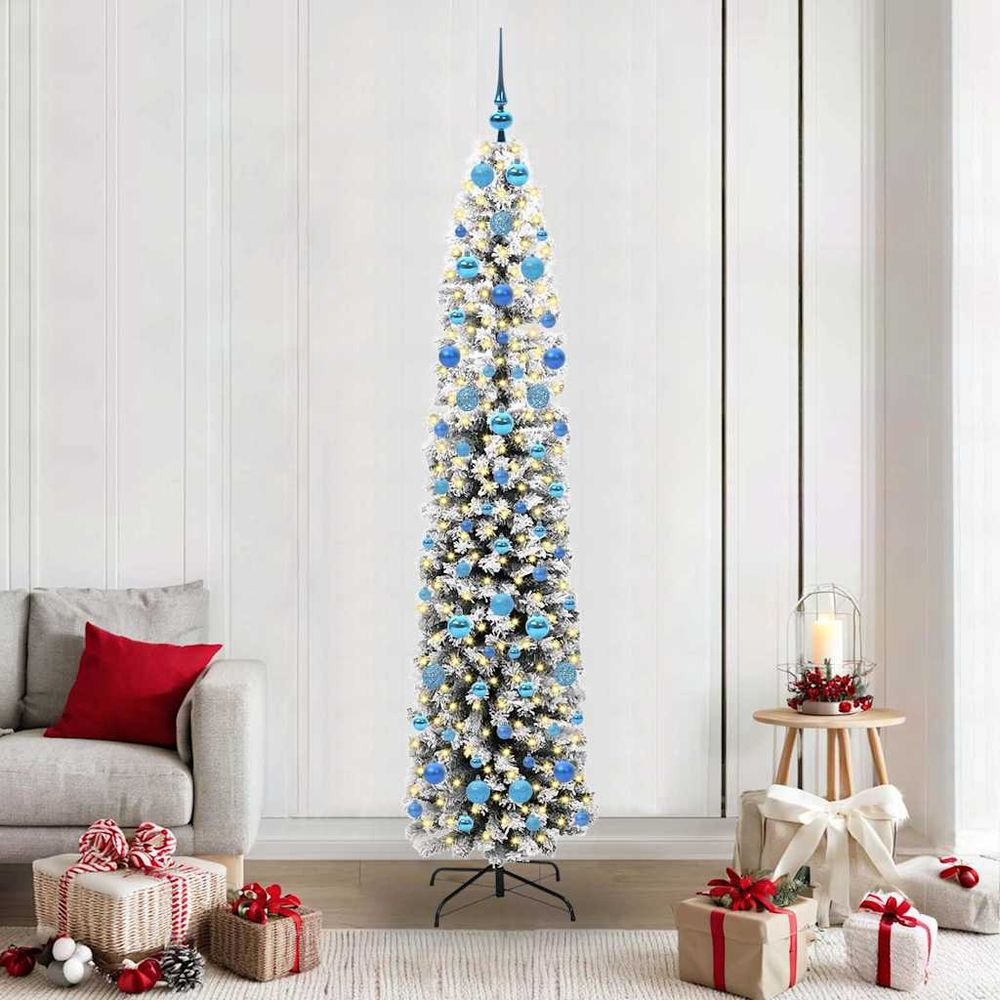 Arbre de noël artificiel 210 cm pré-décoré, set avec 120 boules, guirlande 300 led et support métal