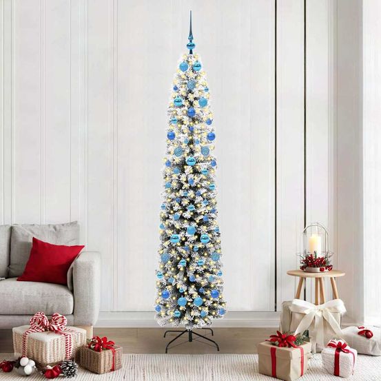 Arbre de noël artificiel 210 cm pré-décoré, set avec 120 boules, guirlande 300 led et support métal